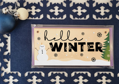 hello winter Decorative Christmas Sign Seasonal Snowy Scene Handmade Wooden Hanging Wall Plaque Gift