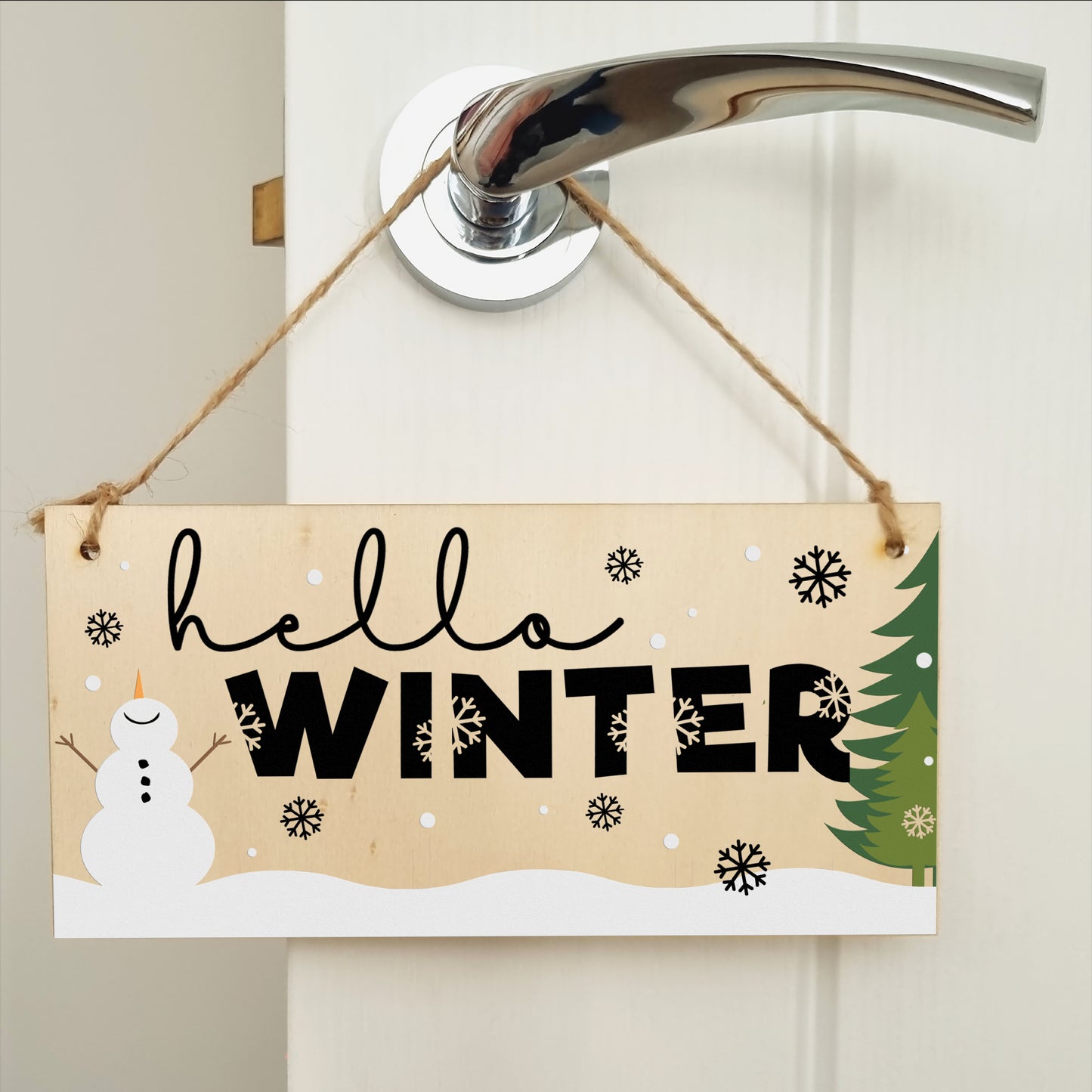 hello winter Decorative Christmas Sign Seasonal Snowy Scene Handmade Wooden Hanging Wall Plaque Gift