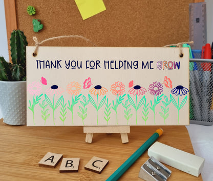 Thank You For Helping Me Grow Handmade Wooden Hanging Wall Plaque Gift Decoration Teacher Teaching Assistant End of Term