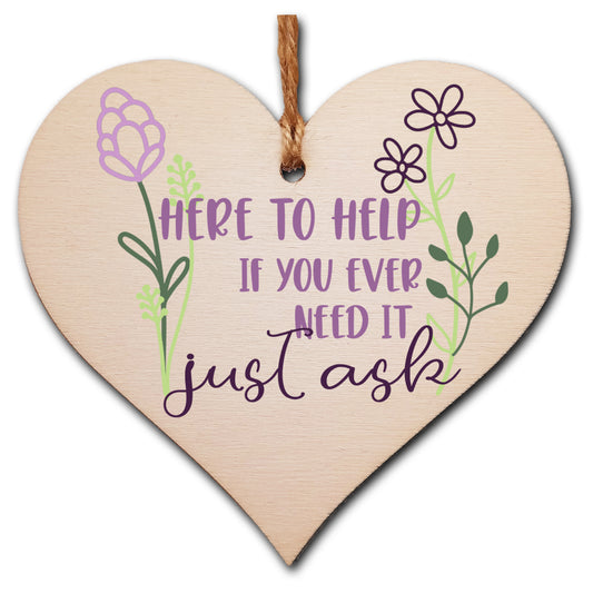 Here to Help Just Ask Hanging Heart Wooden Sign Home Decoration Card Alternative