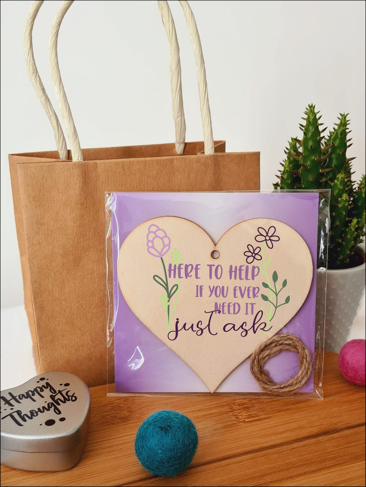 Here to Help Just Ask Hanging Heart Wooden Sign Home Decoration Card Alternative