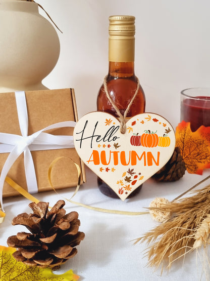 hello Autumn Seasonal Red Gold Falling Leaves Pumpkin Decorative Hanging Heart Wooden Decoration Gift Card Alternative