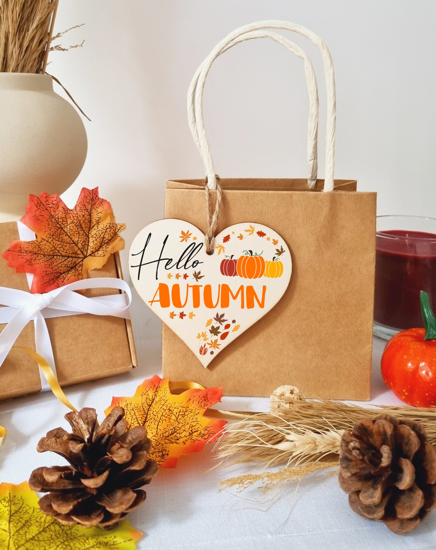 hello Autumn Seasonal Red Gold Falling Leaves Pumpkin Decorative Hanging Heart Wooden Decoration Gift Card Alternative