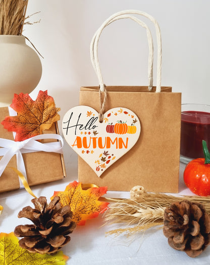 hello Autumn Seasonal Red Gold Falling Leaves Pumpkin Decorative Hanging Heart Wooden Decoration Gift Card Alternative