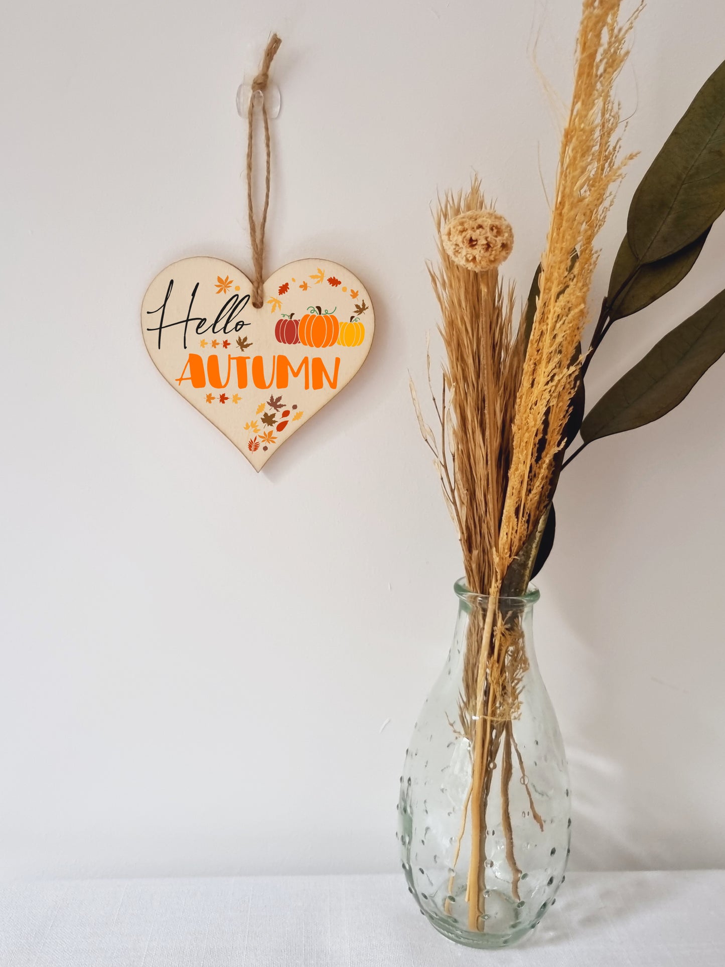 hello Autumn Seasonal Red Gold Falling Leaves Pumpkin Decorative Hanging Heart Wooden Decoration Gift Card Alternative