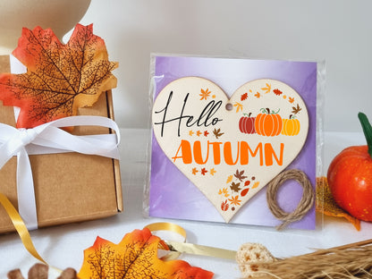 hello Autumn Seasonal Red Gold Falling Leaves Pumpkin Decorative Hanging Heart Wooden Decoration Gift Card Alternative