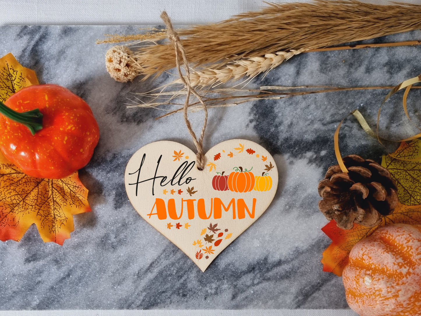 hello Autumn Seasonal Red Gold Falling Leaves Pumpkin Decorative Hanging Heart Wooden Decoration Gift Card Alternative