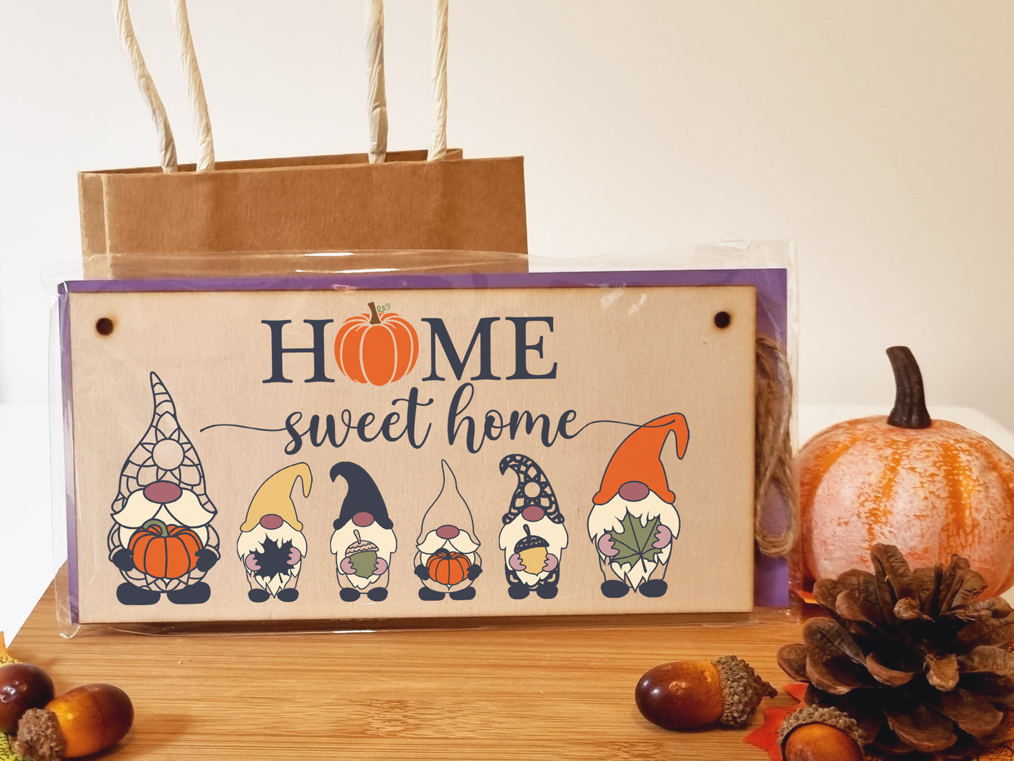 Home Sweet Home Seasonal Decorative Pumpkin Fun Gnome Sign Handmade Wooden Hanging Wall Plaque Gift Hallway Home Décor