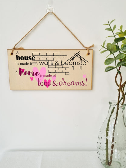 Handmade Wooden Hanging Wall Plaque House is Made from Walls and Beams Home Love Dreams Sentimental Family