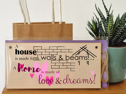 Handmade Wooden Hanging Wall Plaque House is Made from Walls and Beams Home Love Dreams Sentimental Family