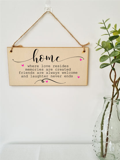 Handmade Wooden Hanging Wall Plaque Home Love Resides Memories Friends Laughter Decorative Sentimental Sign Family