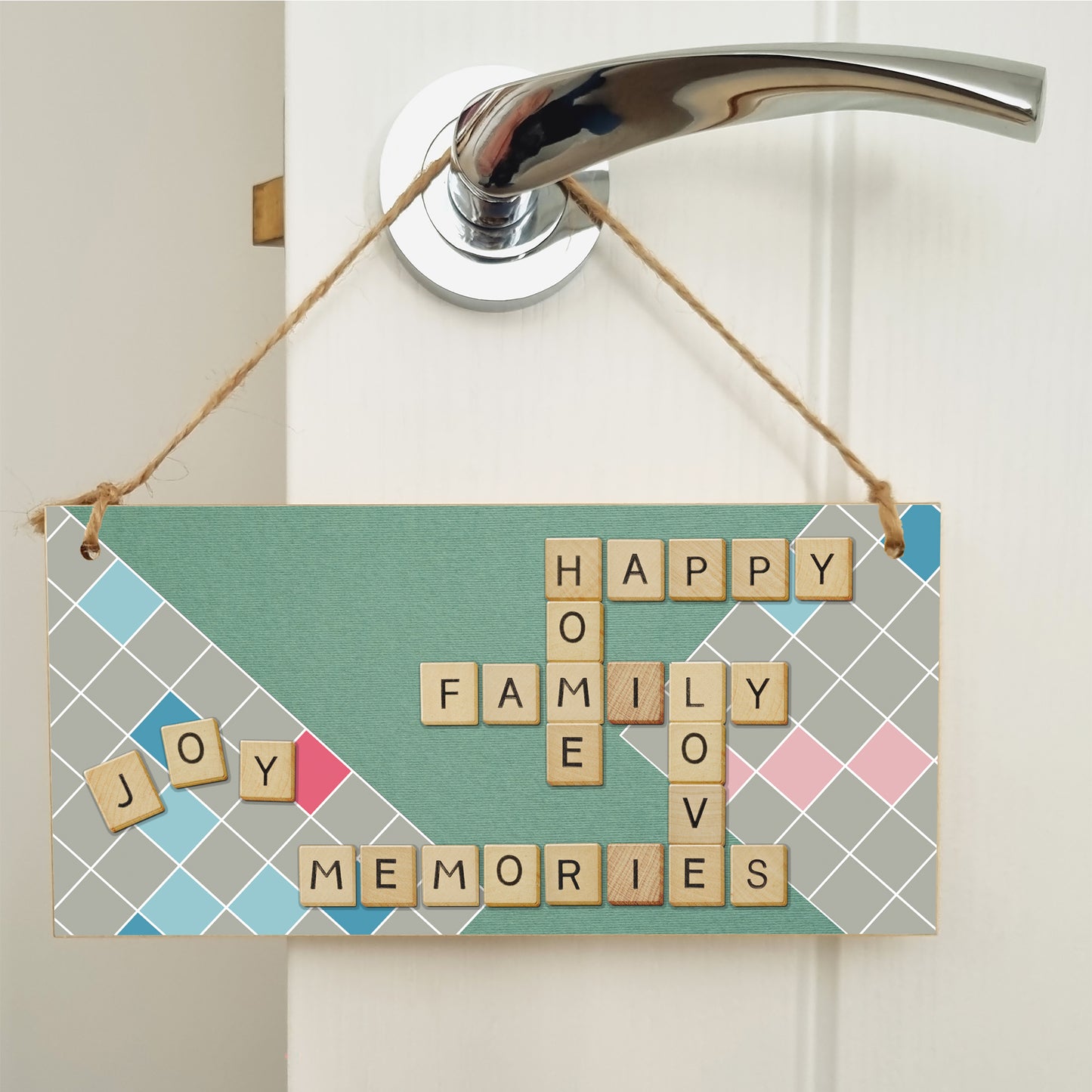 Handmade Wooden Hanging Wall Plaque Happy Home Family Memories Love Joy Scrabble Decorative Sign Family