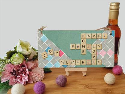 Handmade Wooden Hanging Wall Plaque Happy Home Family Memories Love Joy Scrabble Decorative Sign Family