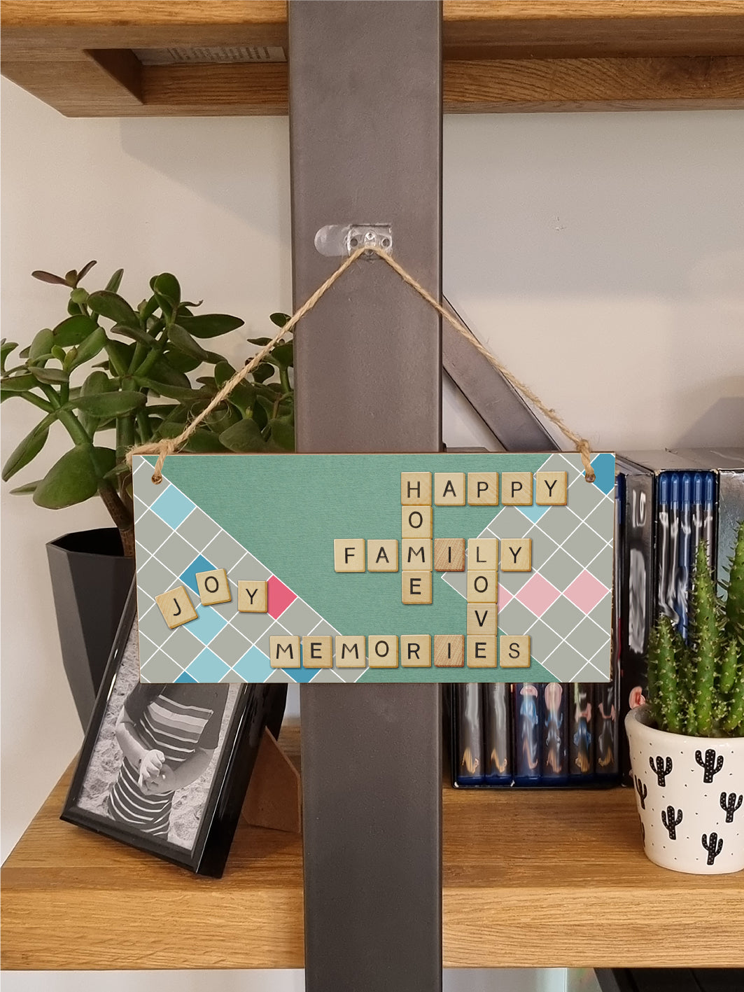 Handmade Wooden Hanging Wall Plaque Happy Home Family Memories Love Joy Scrabble Decorative Sign Family