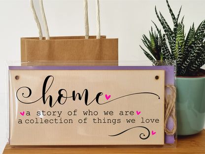 Handmade Wooden Hanging Wall Plaque Home a Story of Who We Are Things We Love Decorative Sentimental Sign Family