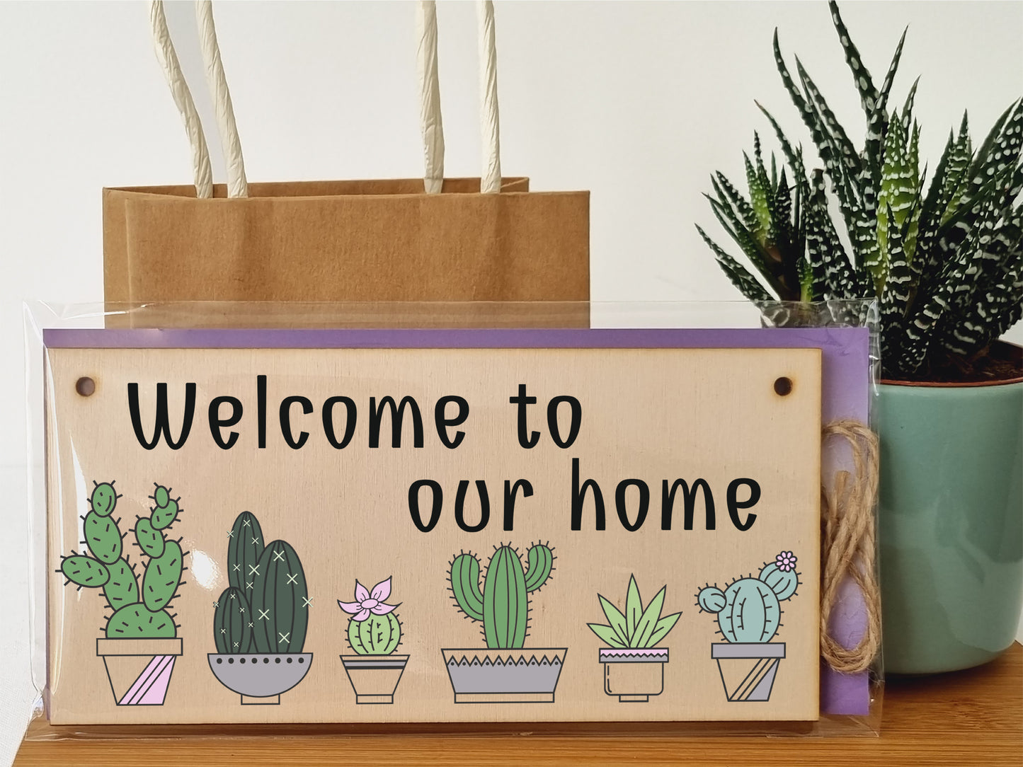 Handmade Wooden Hanging Wall Plaque Welcome to Our Home Cactus House Plants Decorative Sign New Home Gift Hallway