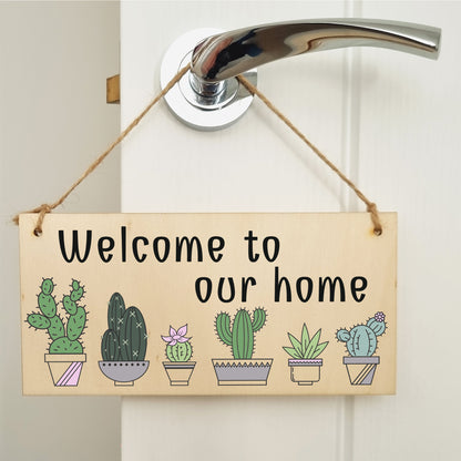 Handmade Wooden Hanging Wall Plaque Welcome to Our Home Cactus House Plants Decorative Sign New Home Gift Hallway