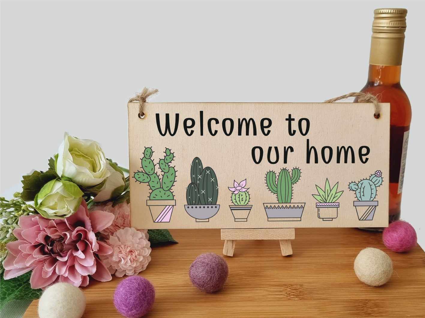 Handmade Wooden Hanging Wall Plaque Welcome to Our Home Cactus House Plants Decorative Sign New Home Gift Hallway