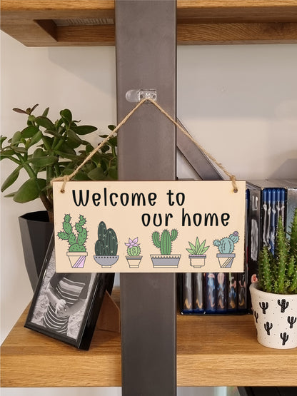 Handmade Wooden Hanging Wall Plaque Welcome to Our Home Cactus House Plants Decorative Sign New Home Gift Hallway