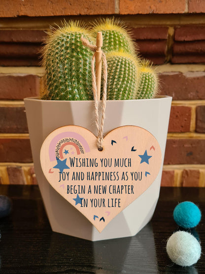 Handmade Wooden Hanging Heart Plaque Gift Joy and Happiness New Chapter Leaving Retirement Present Colleague Friend Card Alternative