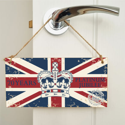 Handmade Wooden Hanging Wall Plaque Celebrate 70 Years Queen's Platinum Jubilee 2022 Crown Decorative Memorabilia Street Party