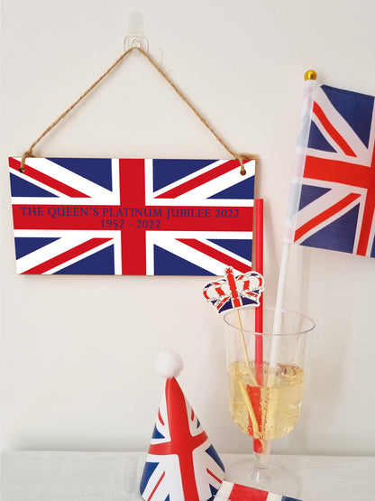 Handmade Wooden Hanging Wall Plaque Celebrate 70 Years Queen's Platinum Jubilee 2022 Union Jack Decorative Memorabilia Street Party