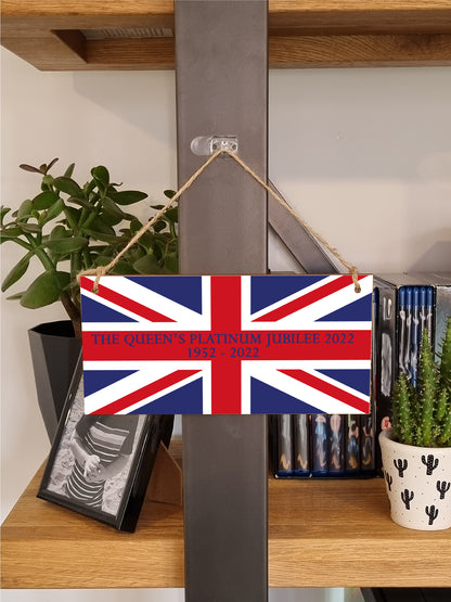 Handmade Wooden Hanging Wall Plaque Celebrate 70 Years Queen's Platinum Jubilee 2022 Union Jack Decorative Memorabilia Street Party