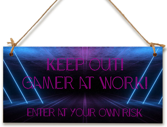 Handmade Wooden Hanging Wall Plaque Keep Out Gamer at Work Novelty Gift Gamers Computer Game Fans Man Cave Sign