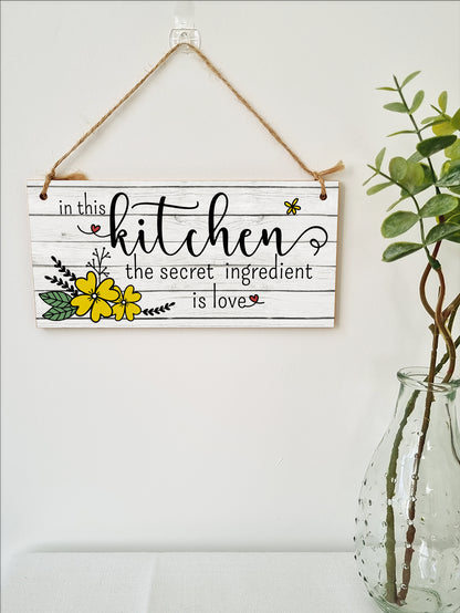 In the Kitchen Secret Ingredient Love Decorative Rustic Handmade Wooden Plaque Home Décor Family Hanging Sign Gift