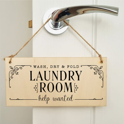 Handmade Wooden Hanging Wall Plaque wash.dry.fold Laundry Room Help Wanted Funny Decorative Sign Gift for Mum