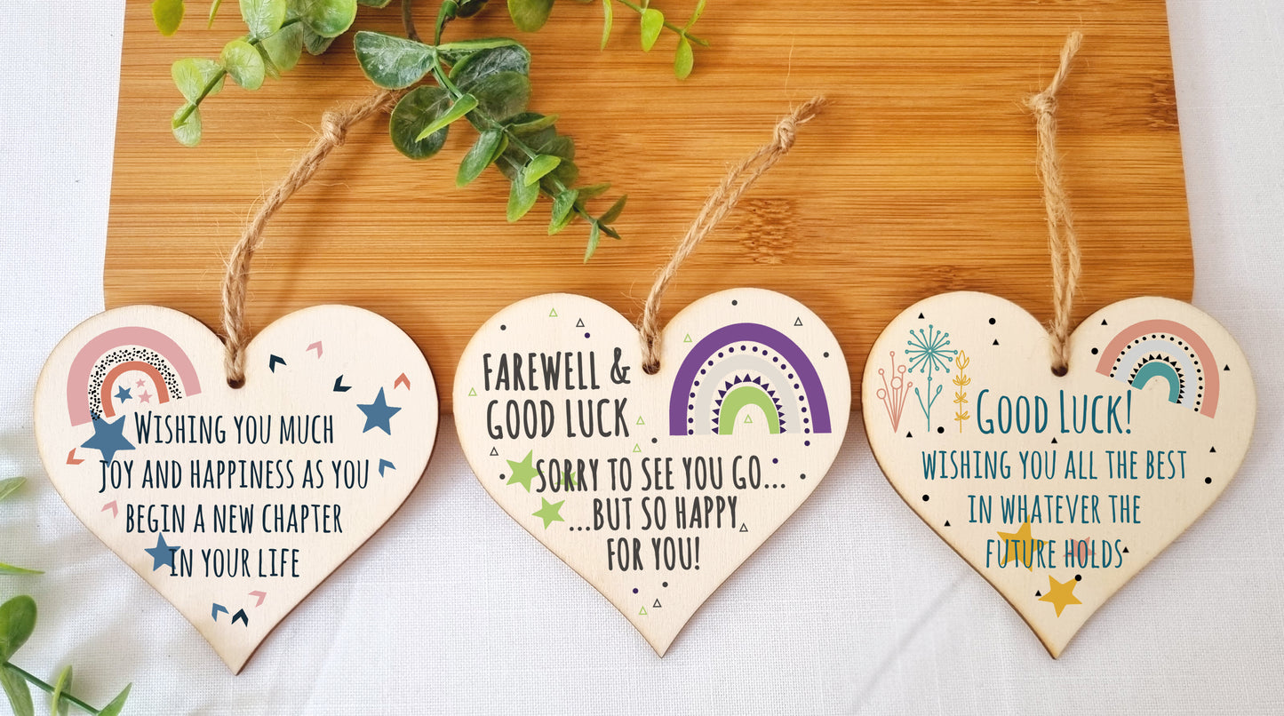 Set of 3 Hanging Decorations Wooden Hearts Leaving Card Gift Work Colleague | Farewell & Good Luck | Happiness & Joy New Chapter