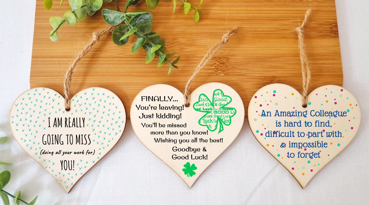 Set of 3 Hanging Decorations Wooden Hearts Leaving Card Gift Office | Amazing Colleague Impossible to Forget | Finally Leaving