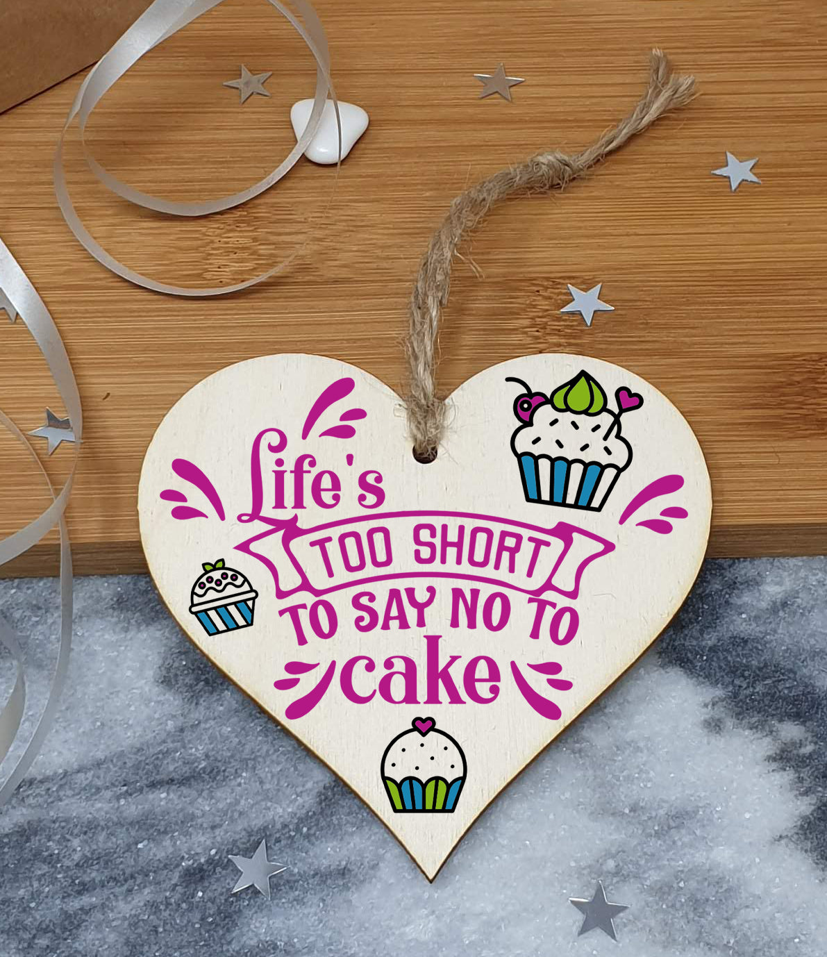Handmade Wooden Hanging Heart Plaque Gift Life is too short to say no to cake novelty wall window kitchen hanger funny gift for cake lovers cupake design