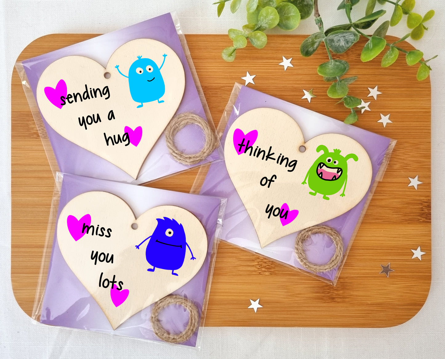 Set of 3 Hanging Decorations Wooden Hearts Send Love Friendship Card Gift | Thinking Of You | Miss You Lots | Sending a Hug