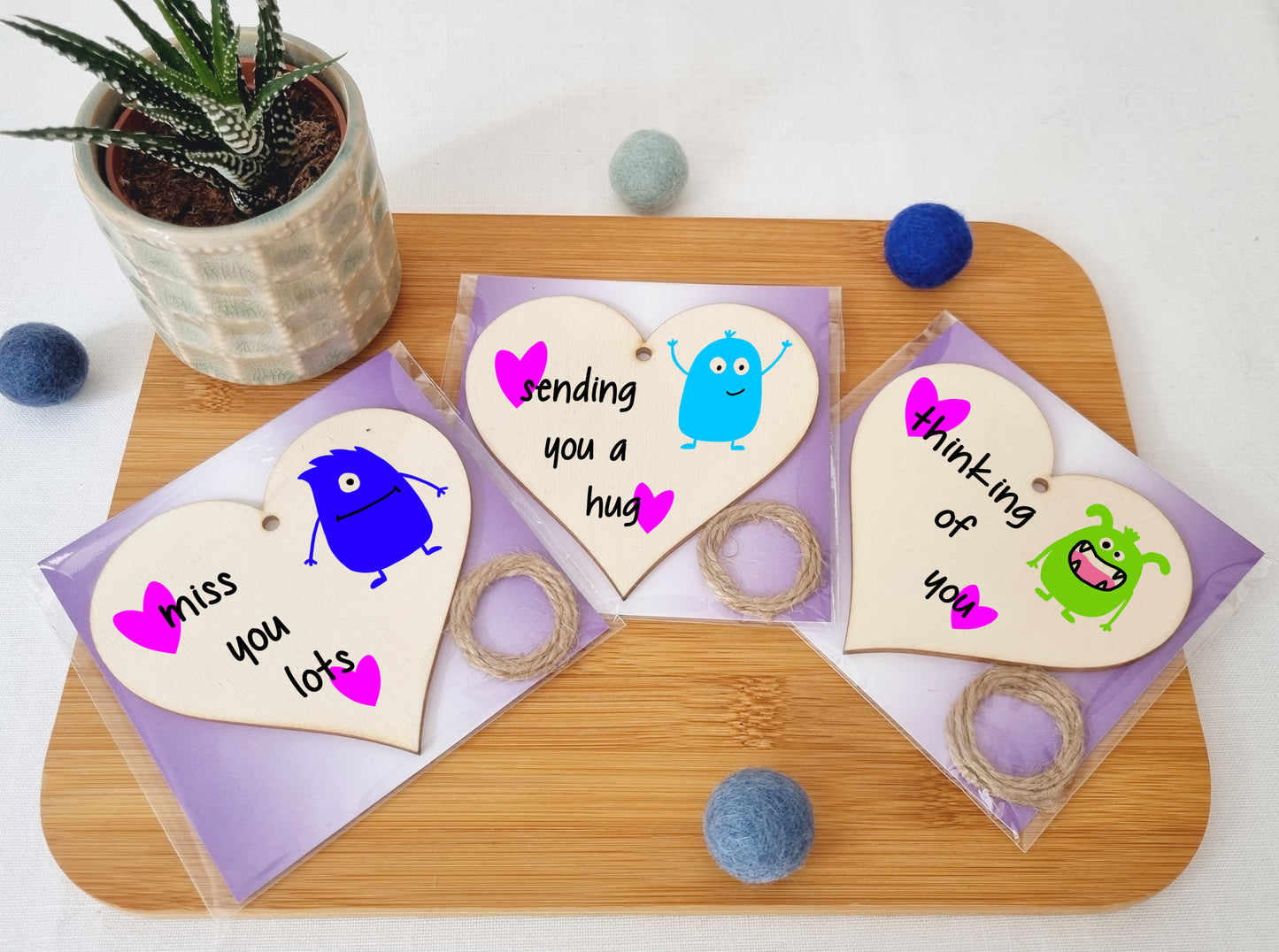 Set of 3 Hanging Decorations Wooden Hearts Send Love Friendship Card Gift | Thinking Of You | Miss You Lots | Sending a Hug