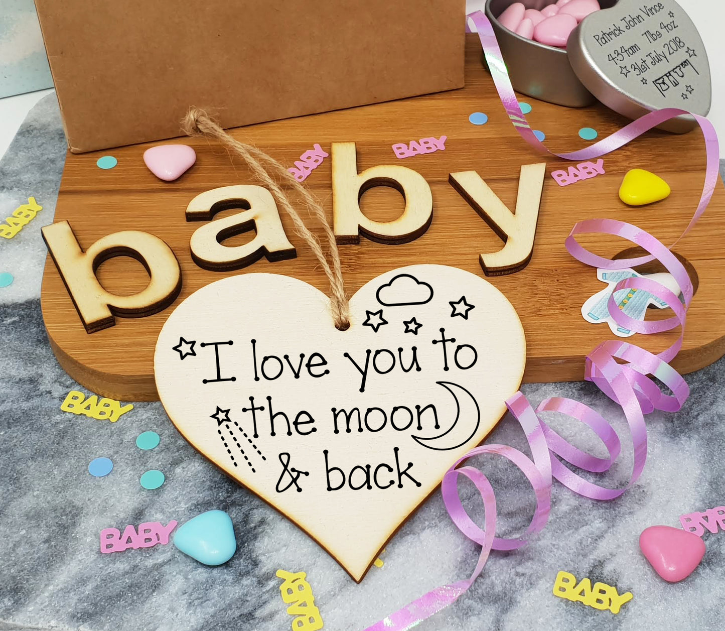 Handmade Wooden Hanging Heart Plaque Gift love you to the moon and back new baby present nursery wall decoration for new parents