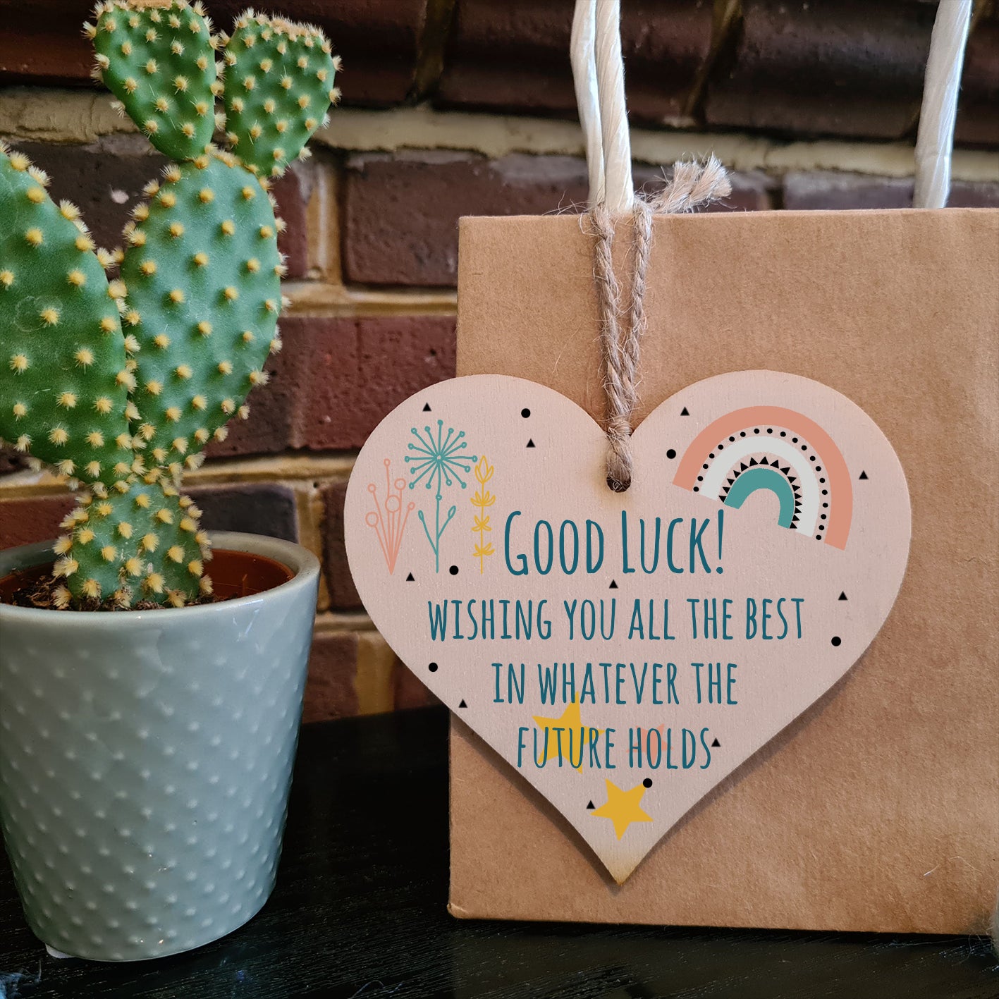 Handmade Wooden Hanging Heart Plaque Gift Good Luck Best Future Leaving Retirement Present Colleague Neighbour Card Alternative