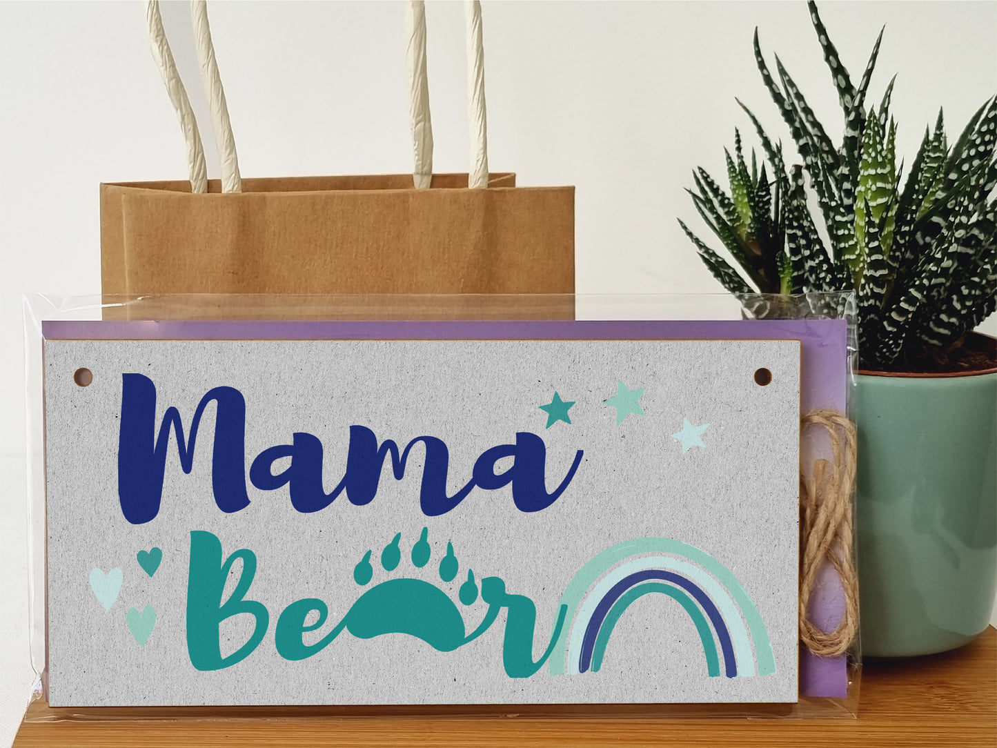 Handmade Wooden Hanging Wall Plaque Mama Bear Fun Boho Chic Gift Sign for Mum Mother's Day