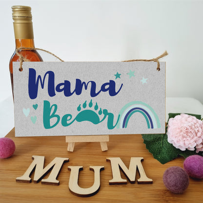 Handmade Wooden Hanging Wall Plaque Mama Bear Fun Boho Chic Gift Sign for Mum Mother's Day