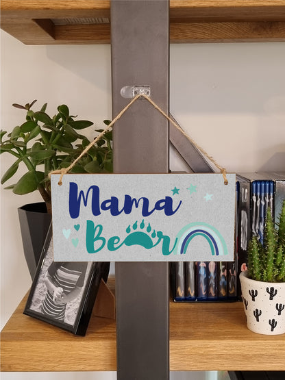 Handmade Wooden Hanging Wall Plaque Mama Bear Fun Boho Chic Gift Sign for Mum Mother's Day