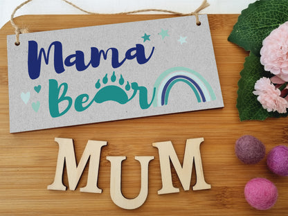 Handmade Wooden Hanging Wall Plaque Mama Bear Fun Boho Chic Gift Sign for Mum Mother's Day