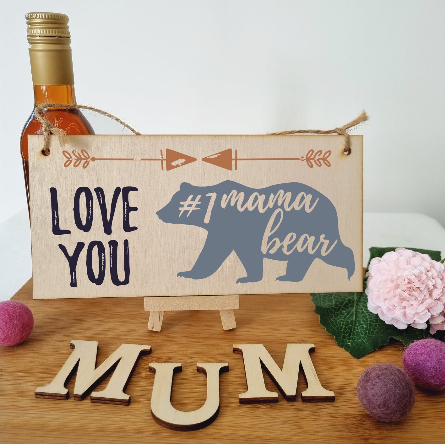 Handmade Wooden Hanging Wall Plaque Love You #1 Mama Bear Boho Style Gift Sign Mother's Day