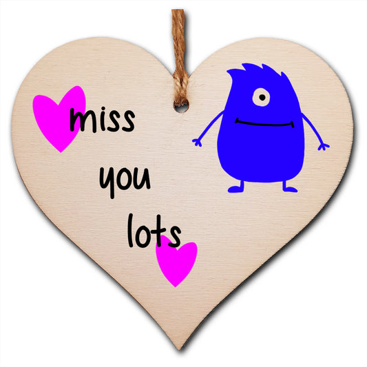 Handmade Wooden Hanging Heart Plaque Gift miss you lots funny novelty wall hanger cute monster kids design for long distance family friends grandparents