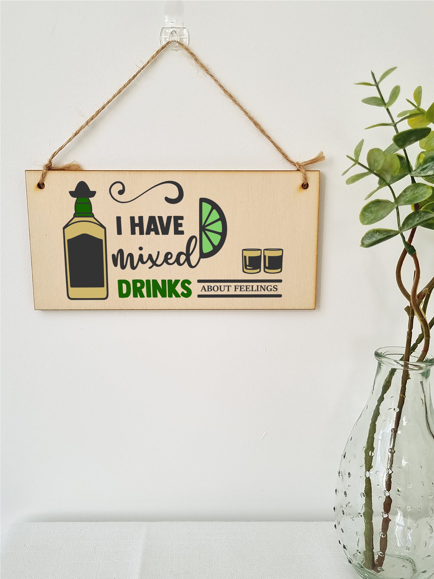 Handmade Wooden Hanging Wall Plaque I Have Mixed Drinks About Feelings Funny Novelty Alcohol Sign Home Bar