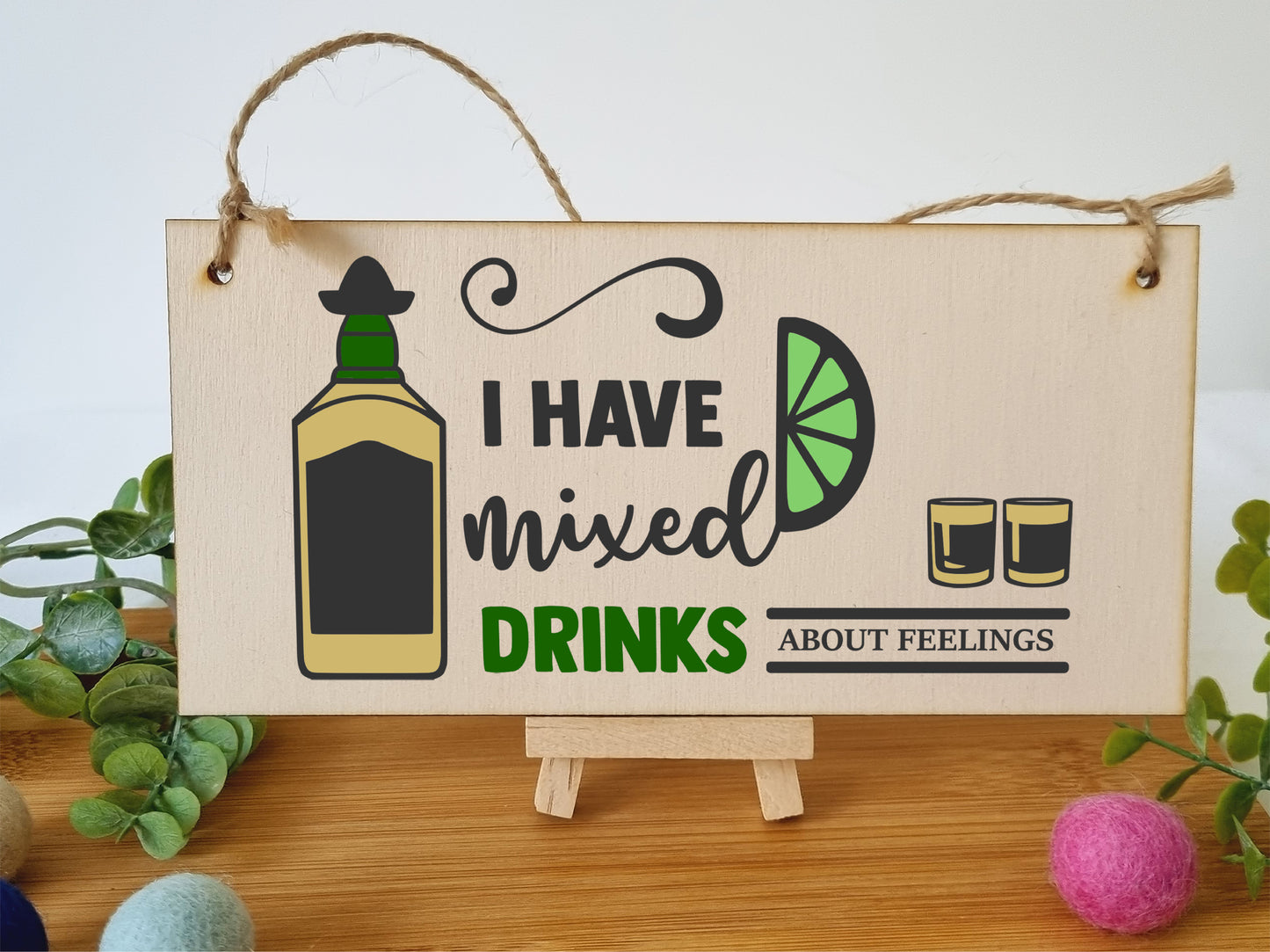 Handmade Wooden Hanging Wall Plaque I Have Mixed Drinks About Feelings Funny Novelty Alcohol Sign Home Bar