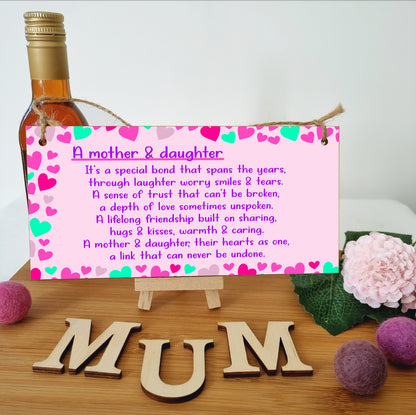 Mother and Daughter Special Bond Decorative Sign for Mums Mother's Day Handmade Wooden Hanging Wall Plaque Gift