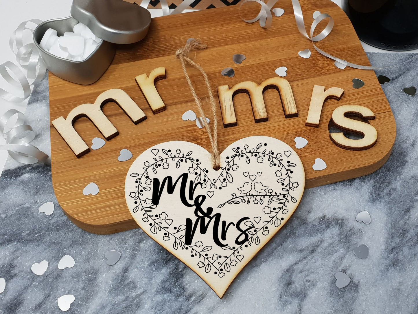 Handmade Wooden Hanging Heart Plaque Gift to Congratulate the Newlyweds Personalised Wedding Keepsake