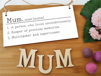 Handmade Wooden Hanging Wall Plaque Mum Loves Unconditionally Superwoman Dictionary Style Gift Sign mother's Day