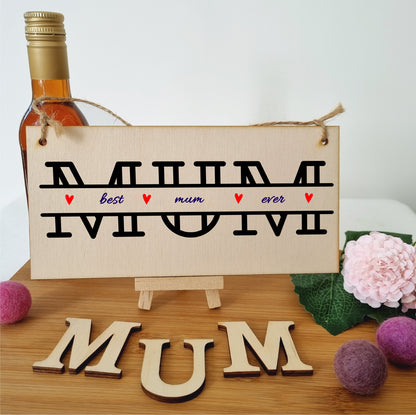 Handmade Wooden Hanging Wall Plaque Best Mum Ever Monogram Style Gift Sign Mother's Day