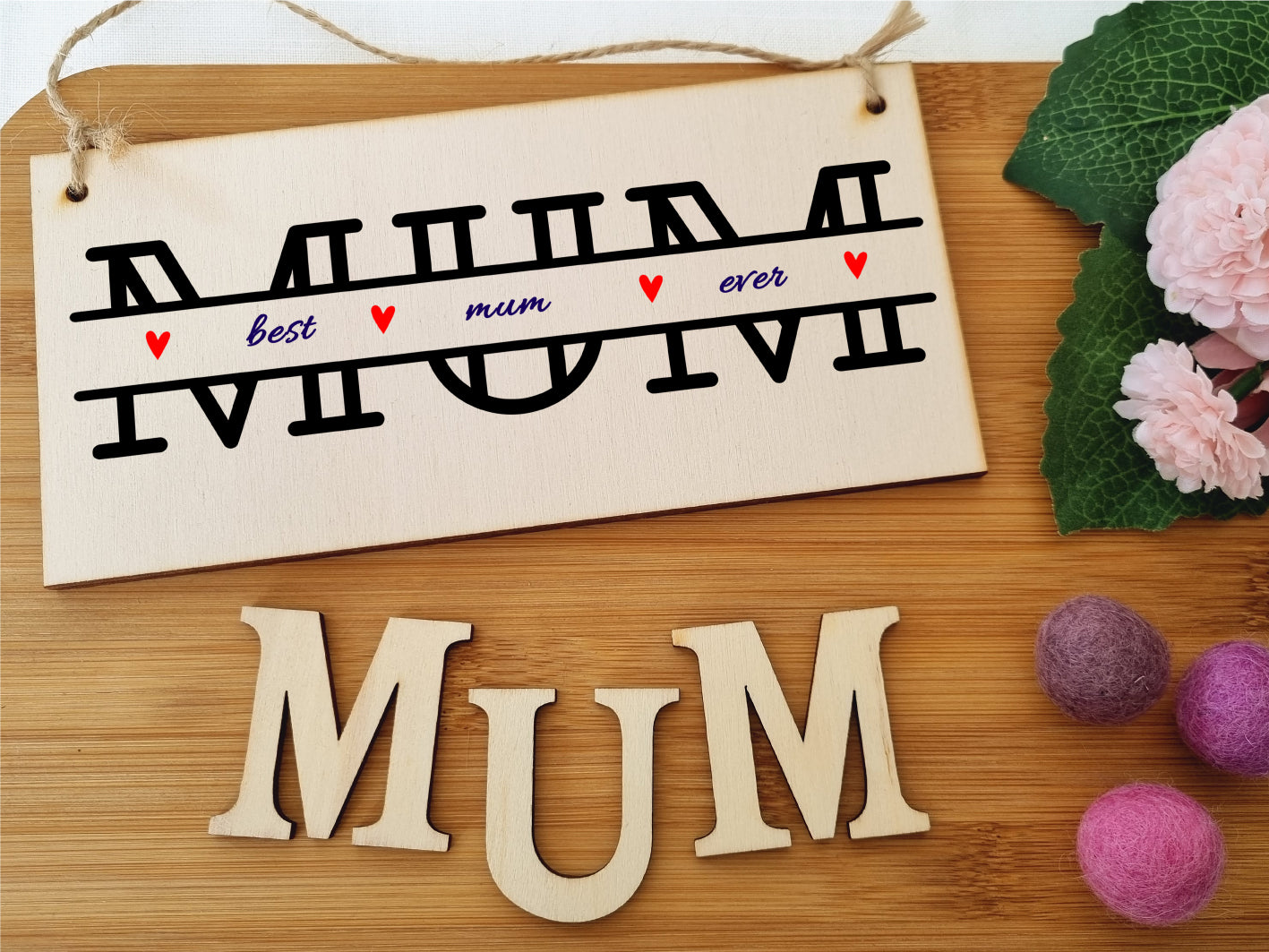 Handmade Wooden Hanging Wall Plaque Best Mum Ever Monogram Style Gift Sign Mother's Day